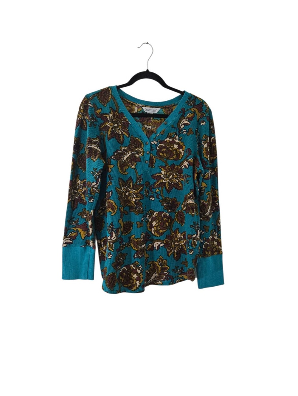 Cold Water Creek Teal Floral Henley Women's Top Sze L